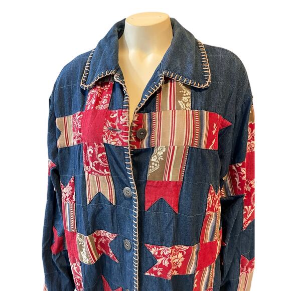 Susan Bristol Chambray Denim Quilted Barn Jacket Large Blue Red - Picture 2 of 10